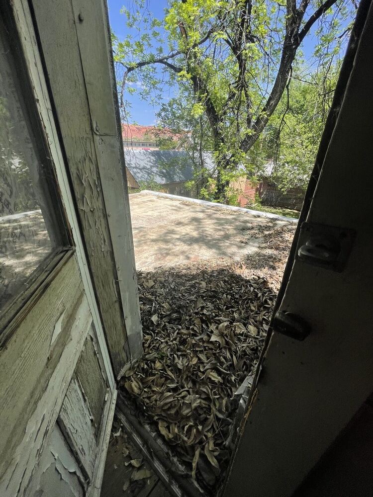 A neglected, leaf-covered flat roof section before it became a deck