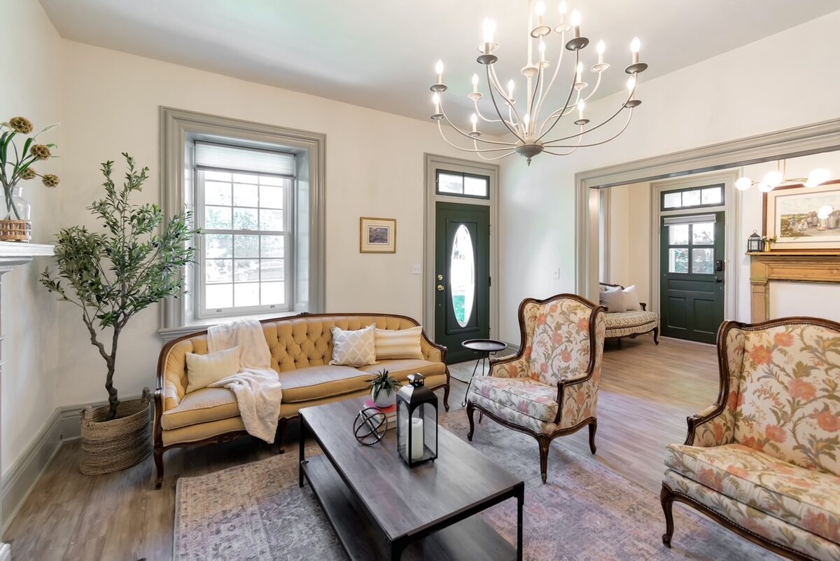 The home's restored front entry and sitting room